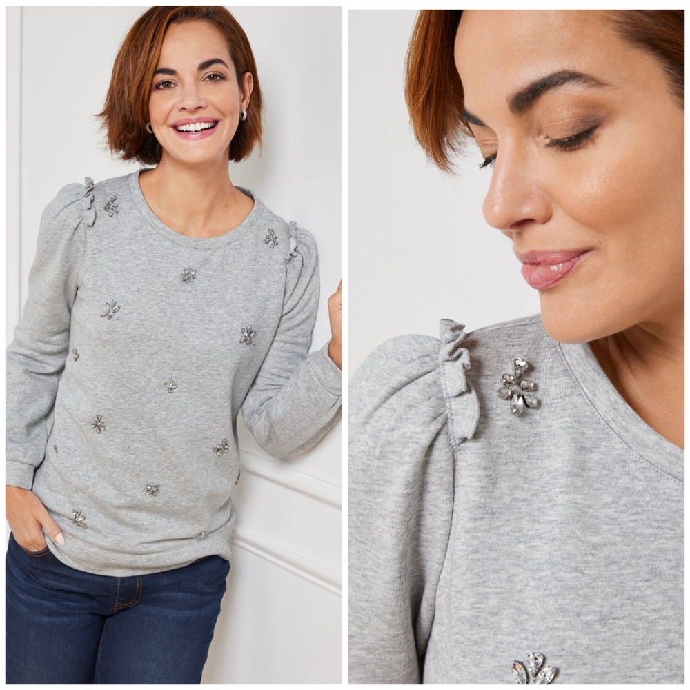 Talbots Embellished Ruffle Shoulder Pullover in Gray Size SP EUC